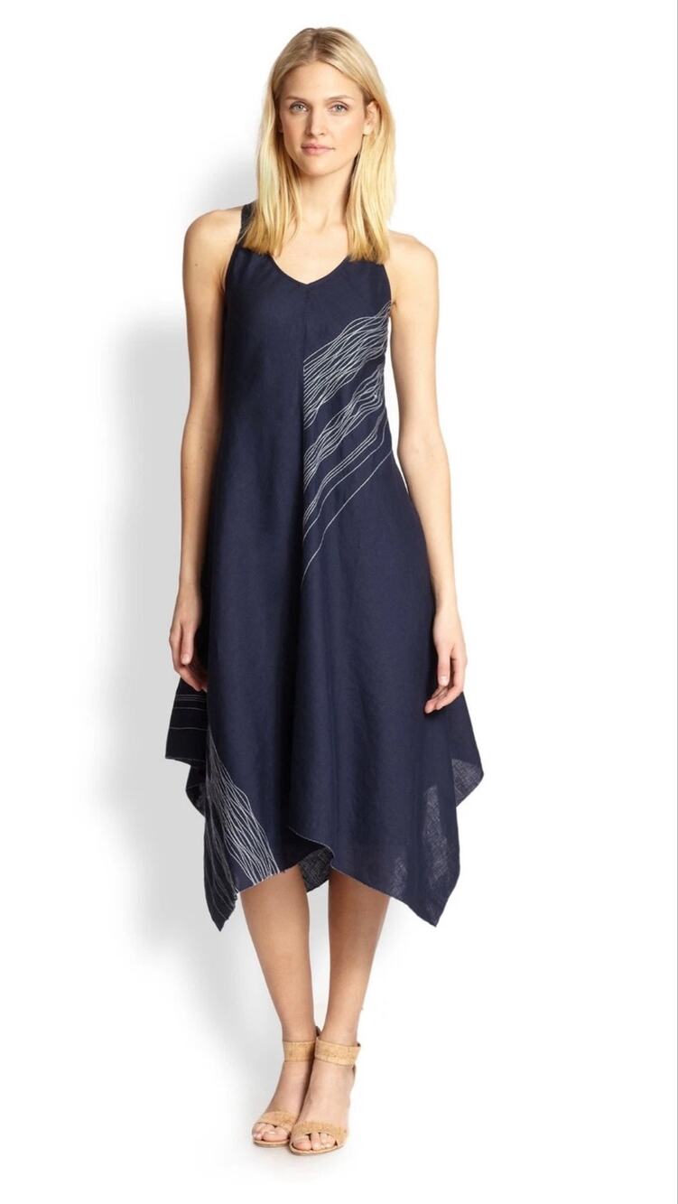 Eileen Fisher Irish Linen Asymmetric Handkerchief Hem Dress Blue Large Lagenlook